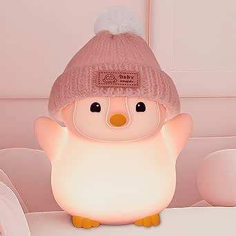 FAMIDUO Penguin Night Light, Cute Pink Penguin Lamp with Knit Hat, Soft Silicone Nursery Nightlight for Baby, Rechargeable/Dimmable/Timer,LED Squishy Novelty Animal Bedside Lamp,Funny Gifts for Kids
