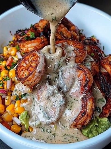 Yummy Grilled shrimp bowl with avocado corn salsa and creamy sauce Ingredients: 1 lb shrimp 1 tablespoon olive oil 1 teaspoon garlic powder 1 teaspoon smoked paprika ½ teaspoon cumin ½ teaspoon chili powder Salt and black pepper, to taste | Mediterranean Diet & Recipes For Beginners