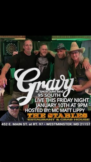 Friday Night Dance Party w/ The Gravy w/ guests The 95 South Band Live!! Advance Tickets Online Now https://www.thestablesatwestminster.net/event-details/gravy-4 #Date #livemusic #partytime #rocknroll #fridayfun #rock #rockmusic #rockandroll #dinneranddance #friday #datenight #dance #dancing | The Stables Restaurant at Westminster