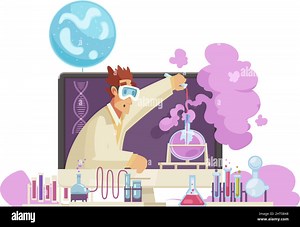 Video blogger composition with desktop computer and human character surrounded by scientific icons and signs vector illustration Stock Vector Image & Art - Alamy
