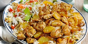 Sweet and sour chicken thighs with fried rice
