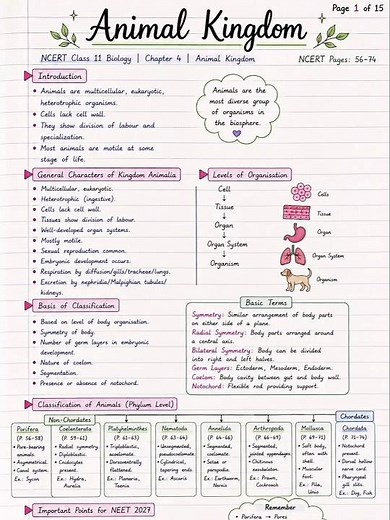 ANIMAL KINGDOM CLASS 11 BIOLOGY NOTES 🐾📚 | NCERT CHAPTER 4 HANDWRITTEN NOTES ✨🔥