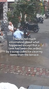 66K views · 658 reactions | A water jug miraculously landed perfectly over a woman in India, leaving her unharmed. According to media reports, the jug fell from a rooftop on Oct 10, 2024 in the city of Surat, in the state of Gujarat. According to local eye witnesses, the tank, which was discarded by a scrap collector clearing old items from the terrace, was accidentally dropped. #viralvideo #waterjug #india | Brut | Facebook