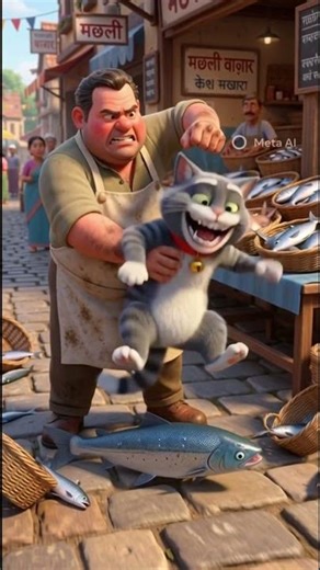 Clever Cat Steals Fish from Shopkeeper! 😱🐟#cat #ai #aivideo#shorts