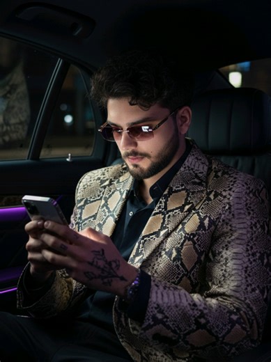 𝙋𝙍𝙊𝙈𝙋𝙏 𝙄𝙉 𝘾𝙊𝙈𝙈𝙀𝙉𝙏 ⚜️ ‎ ‎Sony A7R V, 35mm f/4.0. Direct flash, high contrast night lighting, purple neon ambient car trim. Young man with curly hair and groomed beard sitting in luxury car back seat, looking down at smartphone. Tinted frameless sunglasses, snake-skin patterned jacket, small hand tattoos. hyper-realistic, 8k resolution, uncropped, raw photo, global illumination, ray tracing, microscopic skin detail, editorial vogue style. ‎ ‎ ‎ ‎ ‎ ‎ ‎ ‎ ‎ ‎ ‎ ‎ ‎ ‎ Google Gemini AI