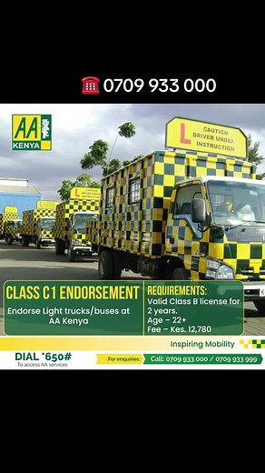 Ready to upgrade your driving skills? Get your Class C1 Endorsement at AA Kenya. Requirements: Valid Class B license for 2 years, age 22 , and a fee of Kes. 12,780 For enquiries, call us on 0709933000/999 #AAKenyacares #InspiringMobility