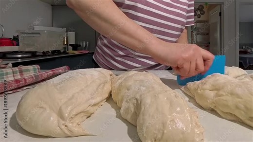 A person meticulously shapes fermented ciabatta dough on a kitchen counter. The elastic dough, showing its developed airy texture, is divided with a scraper.