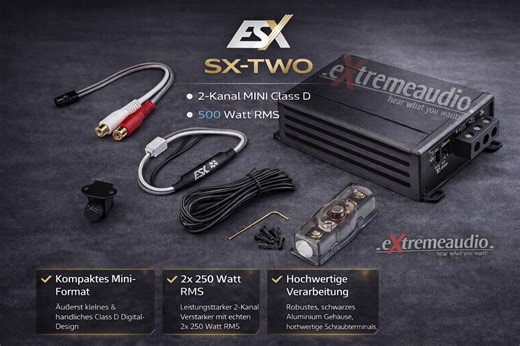 ESX SX-TWO 2-Kanal MINI Class D Digital Verstärker mit ultrakompakten Abmessungen 500 Watt RMS