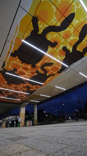 "Oblong Turtles" sparkling at the new Armadale station. Acrylic paint on aluminium panels, with LED light animation by David Sparrow of @light.application Applications. Part of a larger artwork collaboration Peregrination with Seantelle Walsh, Mel McVee and Fieldey @kardy.kreations @melskiart @fieldey Art consultant: @apparatus.art.culture | Amok Island
