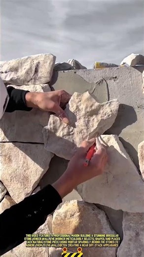 Building a stone wall: Manual technique of stone piece installing process for artistic rock walling
