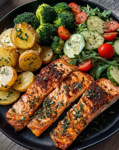 Gebratener Lachs mit Kräuterkartoffeln, Brokkoli & frischem Gurkensalat 🥗🐟 Vorbereitungszeit: 20 Minuten Kochzeit: 20 Minuten Portionen: 2 Kalorien pro Portion: ca. 620 kcal 🛒 Zutaten 🐟 2–3 Lachsfilets (je ca. 150g) 🧂 Salz & frisch gemahlener Pfeffer 🍋 Saft von 1/2 Zitrone 🌿 1 EL gehackte frische Kräuter (z. B. Dill, Petersilie) 🥔 400g kleine Kartoffeln, in Scheiben geschnitten 🧄 1 Knoblauchzehe, fein gehackt 🧈 1 EL Butter oder Olivenöl (für Kartoffeln) 🥦 1/2 Kopf Brokkoli, in Röschen