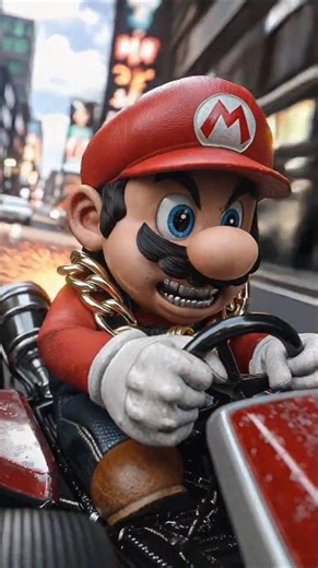 MARIO RACING HIS CART DOWN A BUSY CITY STREET