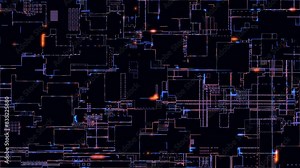 Abstract digital computer processors and electronic components on a circuit board process data. Technological basis of abstract motherboard. 4K animation of data transfer.