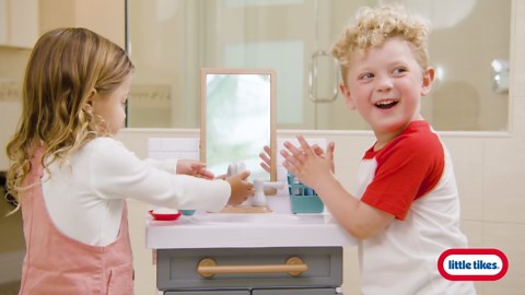 Little Tikes First Bathroom Sink with Real Working Faucet Pretend Play for Kids, 12 Bathroom Accessories, Interactive Unique Toy Multi-Color, Ages 2+ Grey