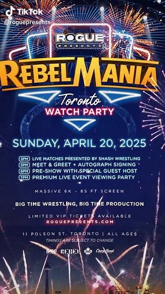 Get ready Toronto wrestling fans! 🇨🇦 Canada's Biggest Mania Watch Party 6 Live Pro Wrestling Matches inside @rebeltoronto 🇨🇦 Live Smash Wrestling: Experience matches from Canada's premier independent wrestling company #SmashWrestling, kicking off at 3 PM. Mania Watch Party: Catch the biggest wrestling event of the year on Rebel's massive 85-ft, 6K screen starting at 7 PM. If you're not in Vegas, you better hope you're in Toronto. Don't miss out on Canada's largest Mania viewing party! Secure