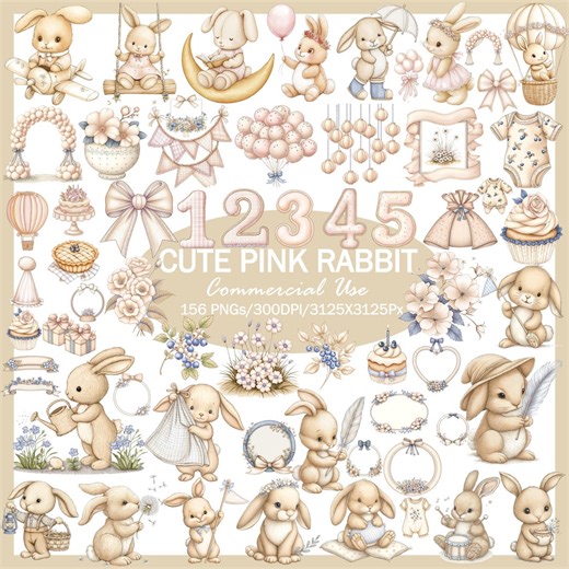 Cute Pink Rabbit Clipart Bunny PNG Set, Vintage Watercolor Bunny Nursery Clipart, Pastel Baby Shower Bunny Graphics, Cute Rabbit PNG - Etsy