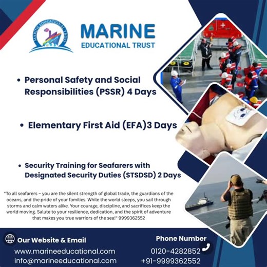 ▪︎Personal Safety and Social Responsibilities (PSSR) 4 Days ▪︎ Elementary First Aid (EFA) 3 Days Batch Start Every Tuesday & Friday For more information contact us on : 0120-4282852 / M 91-9999362552 Visit - Us https://www.marineeducational.com/ EMAIL : info@marineeducational.com #BST #STSDSD #BSTCTO #GTFC #PST #FPFF #psf #pssr #efa #pst #stsdsd #sas | Marlins Test