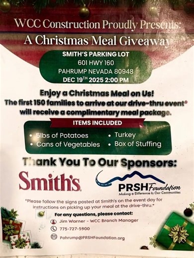 Who wants a FREE Christmas meal ready to cook just in time for the holidays? 💥😊🎄 Friday December 19th in the Smith’s parking lot. The 1st 150 folks get a turkey, stuffing, veggie, and potato meal package FREE‼️ Brought to you by WCC Construction and sponsored by Smiths and the PRSH Foundation. | Matt Sadler