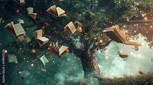 World book day. An open book with an enchanted tree growing from its pages. International literacy day. Reading book. Back to school. Happy Book Day. Education and science. Copy space area for text