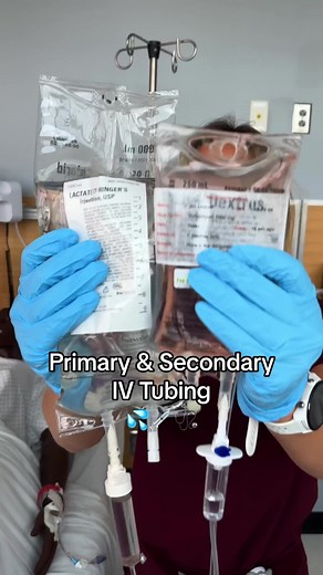 The use of primary and secondary medications with an IV pump is the most common way you’ll see IV fluids and medications administered 🙂 So here are a few basics you’ll need to know: 💧Primary tubing is the long, primary line which will carry maintenance fluid to the patient. This tubing will likely have a small “cassette” which inserts into an IV pump. For IV administration by gravity, the tubing will look slightly different. Two injection ports for leur-lock connections are often seen on prima
