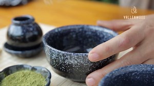 A Unique Matcha Set: 9 pieces set, A Ceremonial Grade Kit For Matcha With 2 Thick Glazed Dark Blue Hand Painted bowls. Bamboo Whisk and Scoop, Strainer, Table Runner, chop stand, dish and bottle.