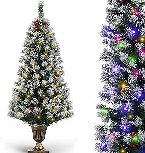 DEWUR Pre-Lit Artificial Mini Christmas Tree Warm White LED Lights Colorful Lights Spruce Entrance Trees in Gold Pot Base with Pine Cones Red Berries Snow, for Porch Entryway (Green, 4 ft)