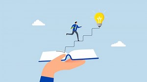 Effective learning new knowledge lead to success, 4k animation of young man running on opening book with stair up to lightbulb idea.