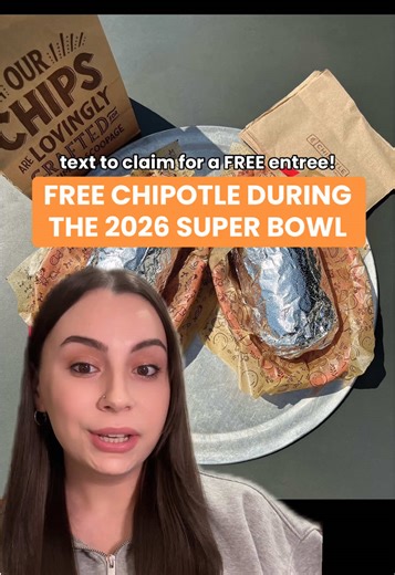 Win a FREE Chipotle entree during the Super Bowl! This Sunday, during the game, Chipotle will post an IG reel with a text to claim code. The first 100k to claim will get a FREE entree - that’s over a million dollars in free Chipotle. @Chipotle #cheapeats #freebies #fooddeals #superbowl #chipotle