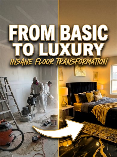 Wait for the glow up 😳✨ From dusty concrete to a luxury black & gold marble floor… this transformation is insane 🔥 #epoxyfloor #roommakeover #beforeafter #satisfying #luxuryvibes