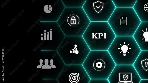 KPI concept. Key Performance Indicator using business intelligence metrics to measure achievement versus planned target. Touching on "KPI" abbreviation surrounded by business goals an process icons.4k