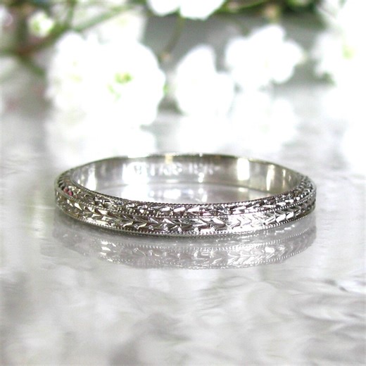 Antique Belais 18K White Gold Wedding Band - Art Deco Wheat Eternity Ring - Etsy