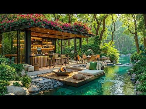 Relaxing Outdoor Coffee Shop Jazz by a Forest Stream 🌿 Spring Jazz for Focus and Relax
