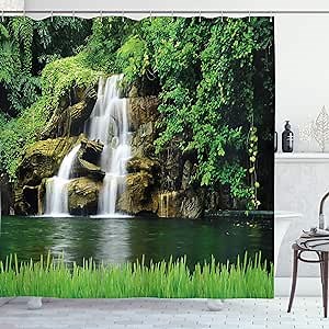 Ambesonne Waterfall Shower Curtain, Double Waterfalls Flow to Natural Lake Bushes and Grass Like Garden Print, Cloth Fabric Bathroom Decor Set with Hooks, 69" W x 75" L, Green
