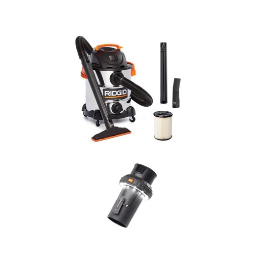 RIDGID 2-1/2 in. LED Lighted Vacuum Attachment and 10 Gal. 6.0 HP Stainless Steel Wet Dry Vac Combo - The Home Depot