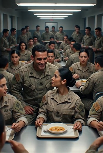 In the bustling military mess hall on a typical evening, harsh fluorescent lights illuminated rows of long metal tables. The air was filled with laughter, clinking utensils, and a mix of war stories and casual banter from sailors, Marines, and special operations personnel unwinding after a grueling day of training. In one familiar corner, a group of Navy SEALs gathered as usual. Their gleaming Trident pins and weathered, confident demeanor made anyone entering the room either glance their way—or