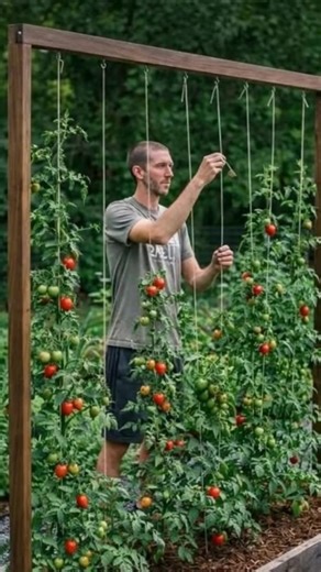 The String Trellis System: A Clean and Efficient Way to Grow Tomatoes Vertically If you’re serious about growing healthy, productive tomatoes, the vertical string trellis system shown in the image above is one of the most effective methods you can use. Clean, simple, and highly scalable, this setup is commonly used in professional market gardens—and it works just as well in backyard raised beds. This design keeps plants upright, organized, and incredibly productive. What You’re Looking At The im