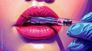 A close-up of a woman's lips with a needle inserted, during a lip injection procedure