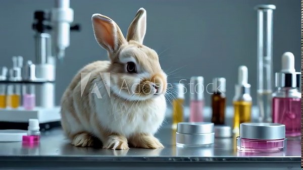A laboratory rabbit subjected to cosmetic testing, highlighting the ethical concerns and debates surrounding animal rights, scientific experimentation, and the call for cruelty-free alternatives