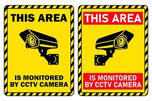 Premium Vector | Warning cctv security camera video surveillance yellow printable sign template design illustration