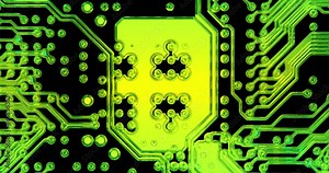 Animation of computer circuit board. Details of microelectronics components and connections. Animation of technical scheme of computer circuit board in green color. Cinema 4K 60fps zoom-out video
