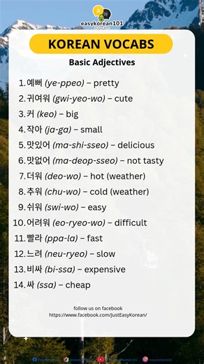 14K views · 216 reactions |  Let’s learn how to describe things in Korean!  Here are 14 simple adjectives you can start using today   Tip: Use these casually with friends! If you want to sound polite, just add “요” at the end → 예뻐요, 귀여워요, 비싸요 殺 #EasyKorean101 #KoreanWordOfTheDay #LearnKorean #KoreanAdjectives #KoreanForBeginners #KoreanLanguage #KdramaVibes #StudyKorean | EasyKorean101 | Facebook