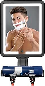 Lighted Shower Mirror Fogless for Shaving, Heated Fog Free Large 9.5*7inch 3 Color Modes Dimming Shower Shaving Mirror with Light, Rechargeable Anti-Fog Shower Mirror with Storage Tray & Razor Holders