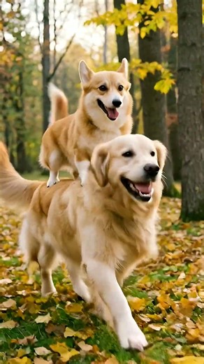 Autumn Dog Walk: Golden Retriever & Corgi Friendship