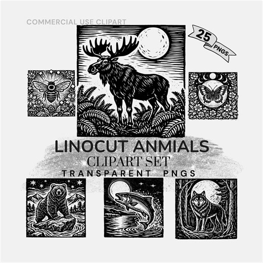 Linolschnitt Tiere PNG Bundle - Himmlische Volkskunst Clipart - Natur & Mystische Designs für kommerzielle Nutzung - Etsy.de
