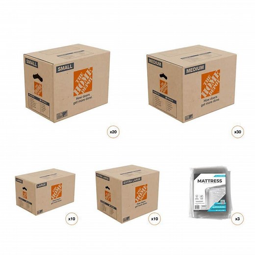 16 in small Box (20), 20 in. Medium Box (30), 26 in. (10) Large Box, 24 in. Extra-Large Box and Mattress Bag (3) Combo