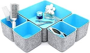 Welaxy Desk Drawer Organizers Storage bins Set Home Office Pen holder pencil phone stand Remote controller Closet Cabinet boxes decluttering 5-piece gifts idea (Baby Blue)