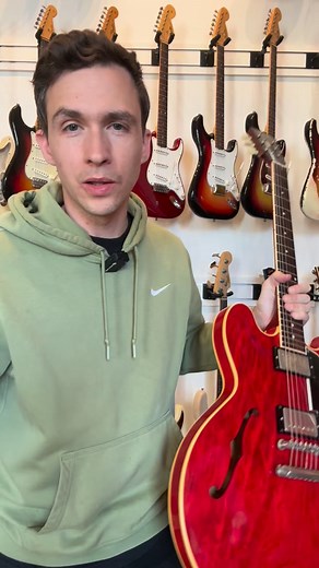Little known vintage guitar fact: there are 10x as many Natural finish Gibson ES-335s made from 1958 -1960 than there are Cherry Red ES-335s. Although this guitar shipped on January 5th, 1960, it fits in the ‘60 category because it was entirely made in 1960 and shares these rare features: Cherry, Long guard, stop tail. Unlike the ES-345 and ES-355, Cherry Red wasn’t an option for the ES-335 until 1961. Only 21 are listed in the shipment totals book as having shipped before 1961. This guitar isn’
