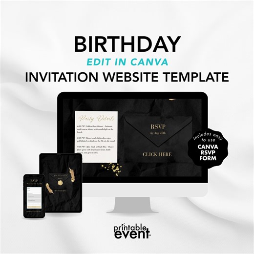 Black and Gold Birthday Website Template With RSVP | Dark Golden Agate Birthday | Editable Canva Template (digital Download) - Etsy