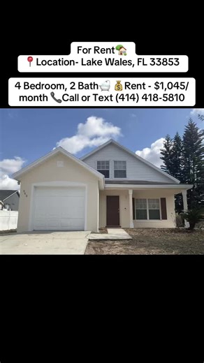 #LakeWales #Florida #Hometours #Realestate #Rentalproperty 4 Bedroom, 2 Bath🛁 💰Rent - $1,045/month 📞Call or Text (414) 418-5810 4 Bedroom, 2 Bath House for Rent in Lake Wales, FL 33853 Rent: $1,045/month This beautiful 4 bedroom 2 bath house is available for rent in Lake Wales, FL 33853 Perfect for a family or individual looking for a comfortable and convenient living space. Don't miss out on this great opportunity! • & 📞Call or Text (414) 418-5810 to submit an application or schedule a tour