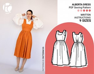 Midi Dress Sewing Pattern Rectangular Neck | Easy Gathered Skirt Pattern | Cottage Milkmaid Dress Pattern | 9 SIZES | PDF Sewing Pattern - Etsy
